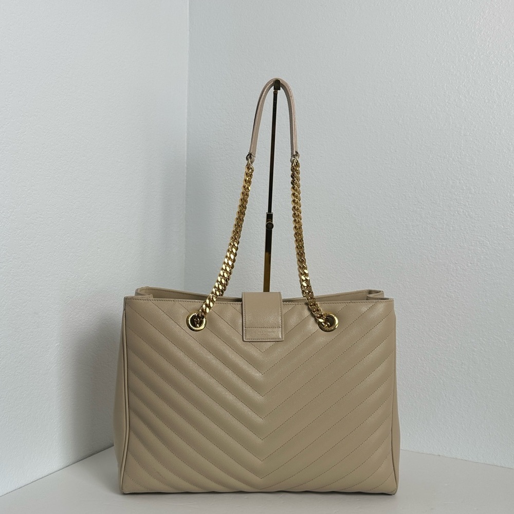 Saint Laurent YSL Monogram Chevron Shopping Tote – Beige with Gold Hardware - Picture 3 of 17